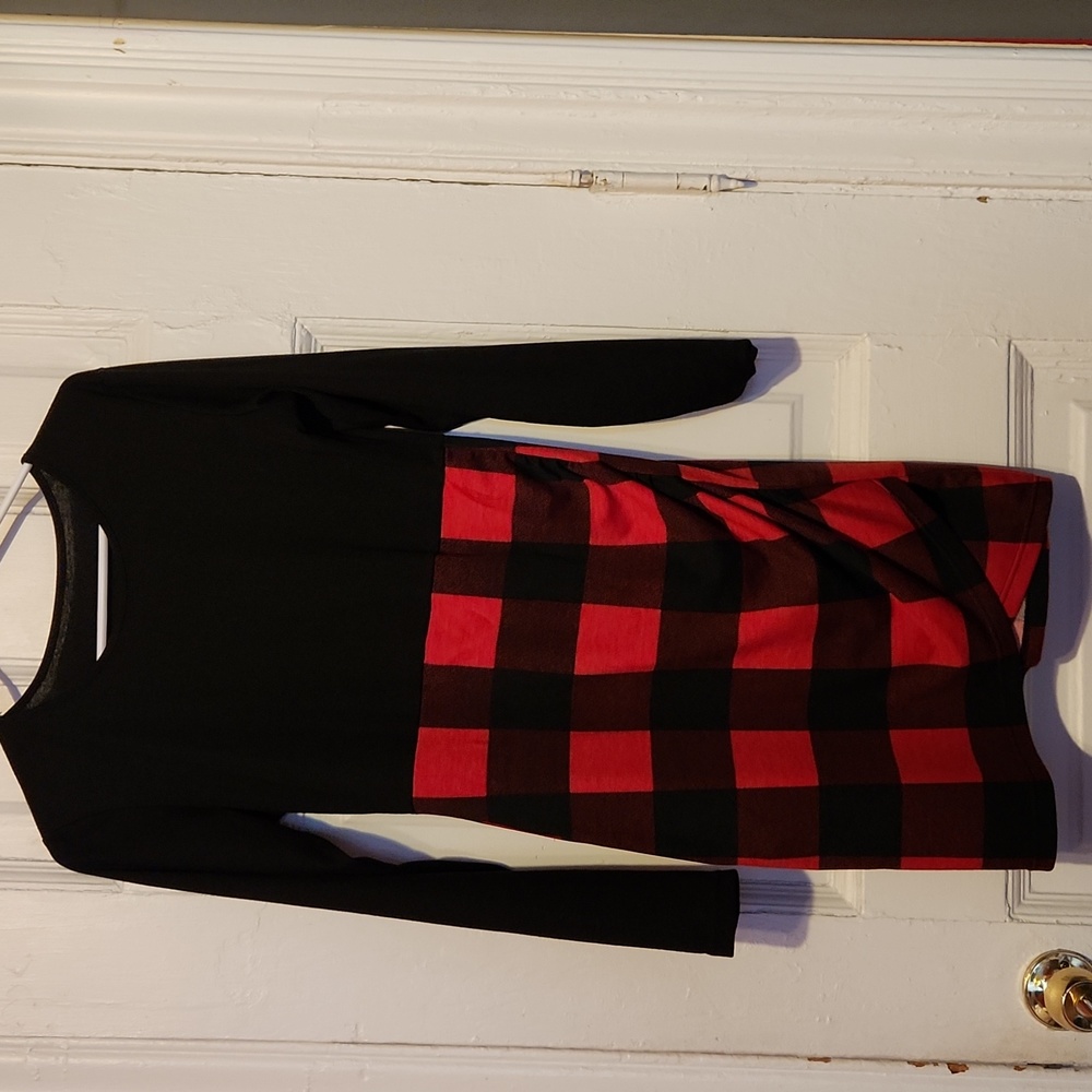 Women's Fall, Winter, Little Black Plaid Red and Black, Longsleeve Mini Dress